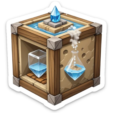 crafting table with tools, stone, wood, glass, sand, steam, water... like a minecraft style cube crafting table 100% like a minecraft table crafting, with on the right, left, a glass showing crafting merging between stone and wood sticker