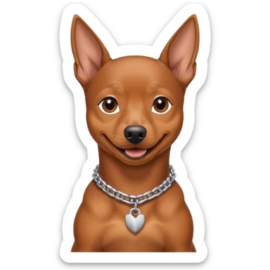 a pinscher dog sitting and smiling with a silver chain in the neck sticker