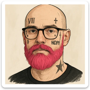bald man with a pink beard, wearing glasses, with face tattoos, clear and expressive style sticker