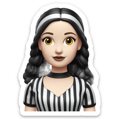 Malibu Barbie, 1965 Wednesday Addams from academy, in dark-gray and black striped outfit with hat. Smiling Driving Mercedes convertible sports car. Pale-white porcelain skin.  sticker