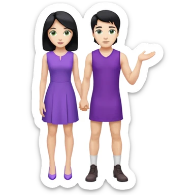 prince, standing upright, black Hair, blue eyes, garment,  woman, bending knee, white sleveless dress, blonde hair, green eyes, sticker