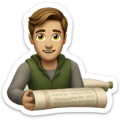 a light-skinned green-eyed man with brown hair sitting in front of the paper scroll  sticker