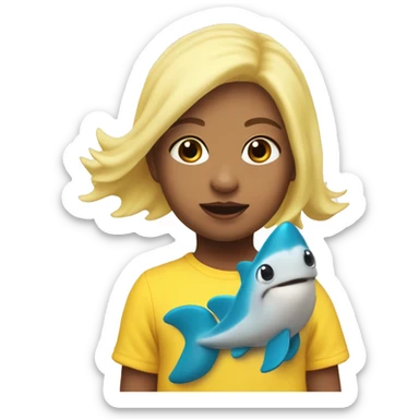 2 years old white Girl with a yellow baby shark costume that flows all the way to her feat  sticker