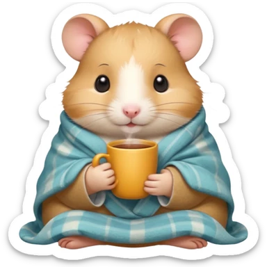 Cute cartoon-style hamster wrapped in a cozy blanket, holding a cup of tea, relaxed expression. Painterly shading, white background, sticker-style illustration sticker