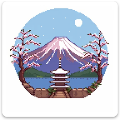 Mount Fuji with snow cap and cherry blossoms around the base sticker