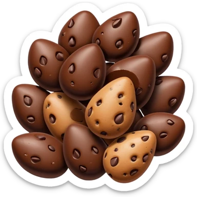 handful of chocolate chips, semi-sweet, irregular arrangement, teardrop shape, glossy surface, dark brown, rounded point, 3D-rendered, minimal, no faces sticker