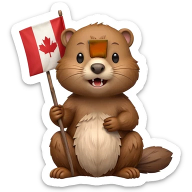 A hyperrealistic kawaii style beaver  sitting down, with a tiny canadian flag on a wooden stick, in his mouth, showing his big beaver teeth, still life, render, isolated. 4k hd, 300 dpi, no emoji faces, no emoji icons, no human figures  sticker