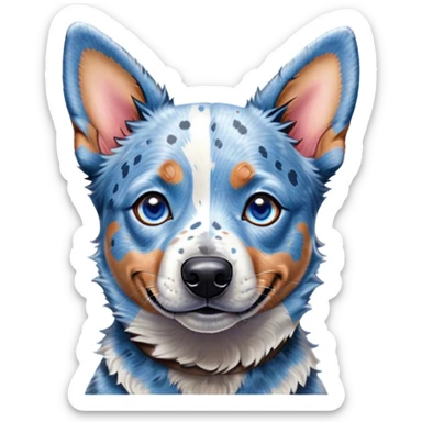 Cinematic Cute Blue Speckle Australian Cattle Dog Portrait Emoji, Head tilted playfully and inquisitively, featuring a vibrant blue speckle Fur with dynamic patterns, round, sparkling blue eyes filled with curiosity, Simplified yet irresistibly adorable features, highly detailed, glowing with a warm, friendly glow, high shine, affectionate and energetic, stylized with a touch of whimsy, bright and endearing, soft glowing outline, capturing the essence of a mischievous yet loving pup, so playful it feels like it could bound out of the screen and into your arms! sticker