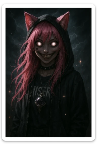 realistic anime catgirl with pink hair, emo streetwear, heart tattoo under left eye, dark magical accessory, sparkles, stormy background, supernatural scary face with glowing eyes and eerie smile sticker