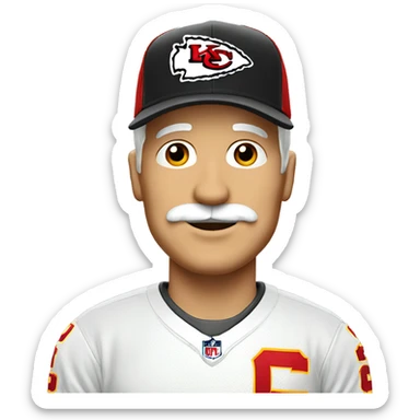Blonde older man with mustache and Kansas City chiefs cap sticker