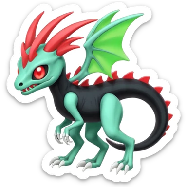 Obsidian-black and neon-glowing-green skeletal Meloetta-Salandit-Gorebyss-Salazzle-Pokémon-Fakémon-creature-fusion-hybrid with glowing crimson-red evil slit eyes sticker