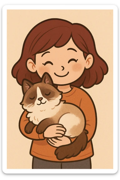 A girl with dark red hair cuddling a snowshoe cat, soft and cute, cartoon style sticker