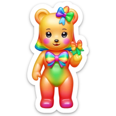 A neon rainbow girl gummy bear with bow sticker