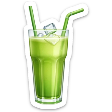 Glass of fresh sugarcane juice with ice cubes, light green liquid, a straw, refreshing beverage sticker