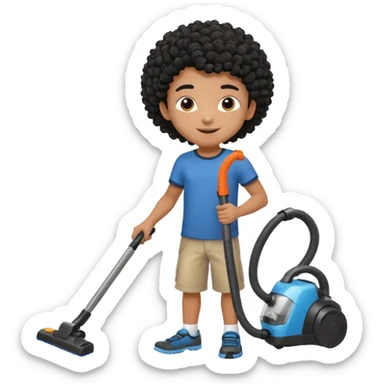 Emoji to encourage kids to do chores - should contain something about house chores, ok replace the broom with a vaccum make it atheltic boy 8 years old - egyptian with curly hair sticker