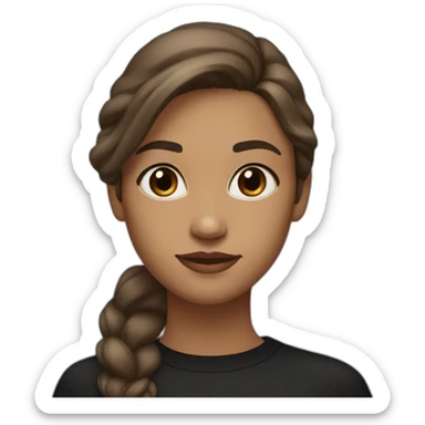 A girl with an elongated oval face, brown long shoulder-length hair, brown narrow eyes, nasolabial folds, in black clothes sticker