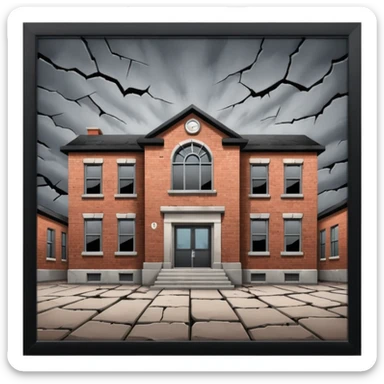 A broken/abandoned school with cracks and dust  with no back ground in an abandoned place with a blackish greyish sky  sticker