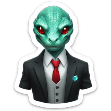 Aquamarine reptilian in classic black suite with red laser eyes on the middle of platinum coin sticker
