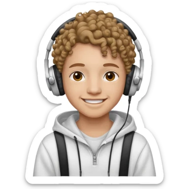 Faça um adolescente de cabelo cacheado médio sorrindo com um aparelho dental e fones de ouvido, com um moletom branco sticker