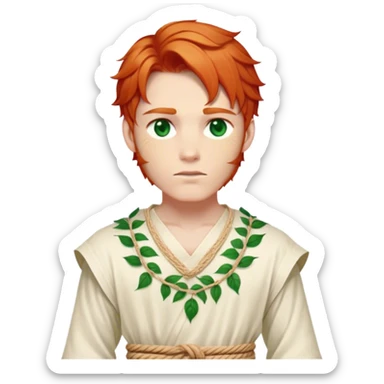 Medieval spring outfit worn by a DnD themed fantasy male character. Ecru cotton tunic featuring delicate leaf patterns in cream thread, paired with a twisted rope belt. Clothes only above the waist, full waist coverage. The character has no arms. Character is white-skinned with ginger red hair, emerald green eyes, and shoulder-length layered hair. sticker