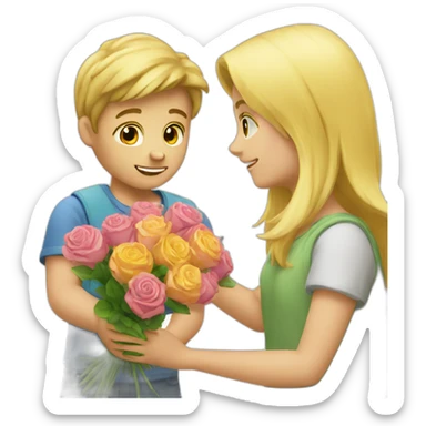 A boy who offers a bouquet of flowers to a pretty blonde sticker