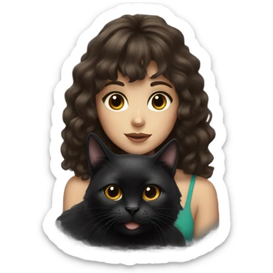 Brunette with bangs and wavy long hair holding a chunky black cat drawing sticker