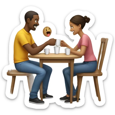 An emoji of a family—mother, father, and child—sitting at a table, playing a cup game with paper cups arranged on the table as they have fun together sticker