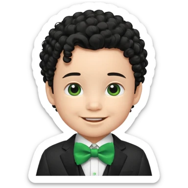 baby boy curly black hair in suit, with green bow sticker