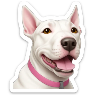 White bull terrier cross with light tan patch and pink nose sticker