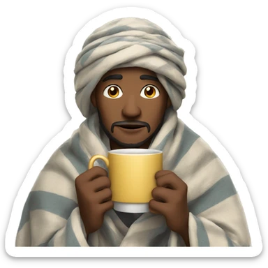 a man with a blanket on his head and a cup of tea in his hands sticker