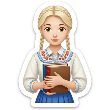 Young Ukrainian librarian wearing a traditional white embroidered vyshyvanka shirt holding books sticker