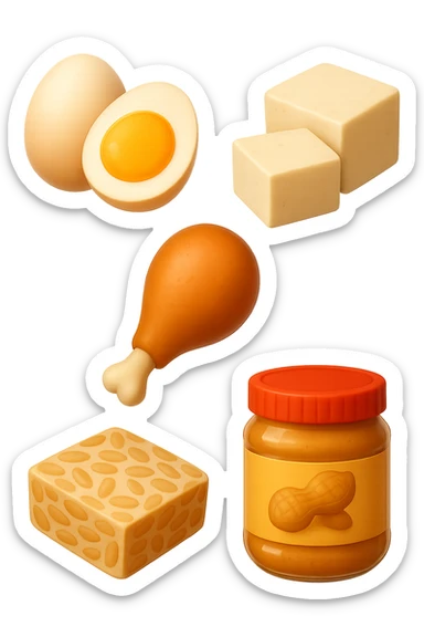 EMOJI STILE IPHONE DI
 uova, pollo, tofu, tempeh, burro di arachidi
, fluttuano in aria REALISTICA 4K sticker