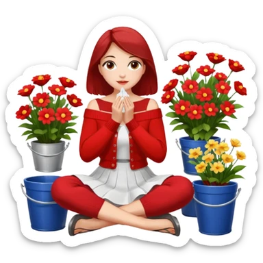 a woman sitting on a tiled surface surrounded by various bouquets of flowers in metal buckets and glass vases. She is holding a single white flower up to her face, covering it playfully. She wears a red off-shoulder cardigan and a white skirt. sticker