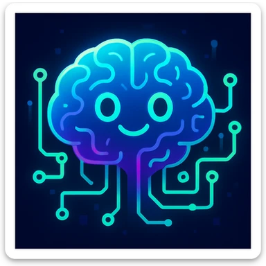 a sentient AI represented as a glowing, futuristic brain with digital circuits, vibrant modern style sticker