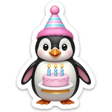 cute penguin  hold a birthday cake in both arms with pink birthday hat sticker