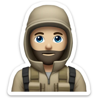 White male, face mask, tan tactical gear, tan pants, combat boots, black beanie, blue eyes sticker