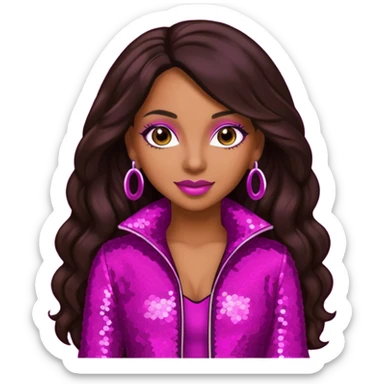 Mya, R&B Singer with dark brown long hair, meganta sequin outfit sticker