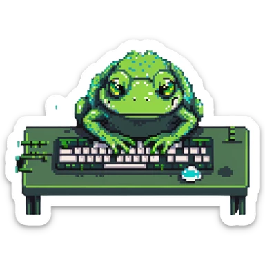 Very sad Pepe the frog meme character coding on computer, tears in eyes, depressed green frog hunched over keyboard, feeling overwhelmed with code sticker