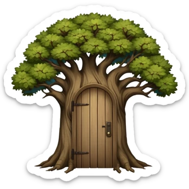 large and old dark oak tree with door sticker
