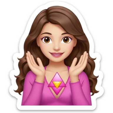 girl with long wavy brown hair, brown eyes, long lashes, sexy pink lips, light to medium complexion, wearing a pink sexy top, smiling, hands together in a tryangle sticker