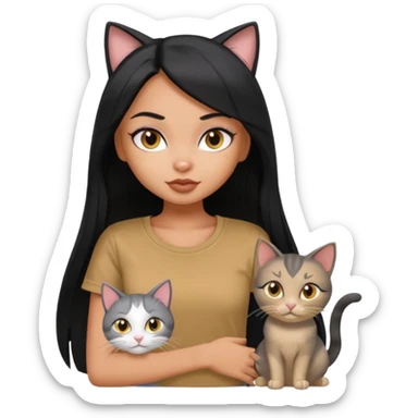 a pretty bratz dusky girl with long straight hair with four cats nd wearing a grey tshirt sticker