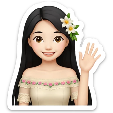 beautiful happy Thai woman with long straight black hair, fair skin, smiling gently while doing Thai greeting gesture (wai), wearing a cream lace off-shoulder blouse, hair decorated with flowers, pastel background, emoji style illustration sticker