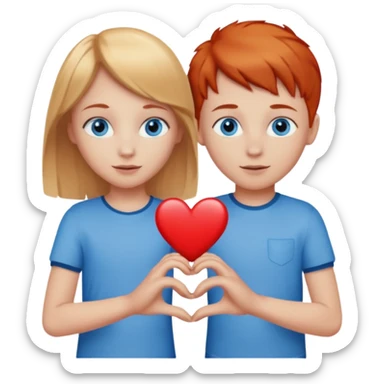 young blonde girl with blue eyes holding hands with young red headed boy with blue eyes and a heart between them sticker