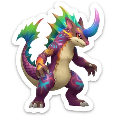 Colorful Exotic Pokémon-Fakémon-hybrid-creature (full body) with tribal intricate splash-markings and patterns and furs and scales and spikes and fins and horns  sticker