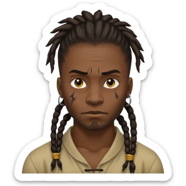 
1 black man, fierce face, scar on face, dreadlock hair tied back emoji
 sticker