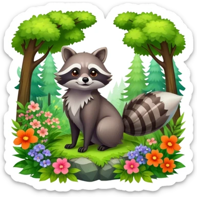raccoon and a fox among a colorful forest with vibrant green trees, bushes and flowers. The animals are in the foreground, surrounded by a lush, bright forest, with soft sunlight filtering through the leaves. A playful and wild scene with a transparent background. sticker