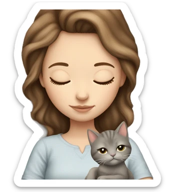 White girl brown hair sleeping with light grey kitten sticker