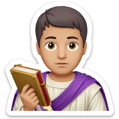 An emoji portrait of a Roman nobleman. He wears a white toga with a purple border. He has a serious, dignified expression and holds a scroll. sticker