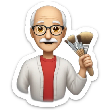 smiling old man who doesn't have much hair anymore, wearing a big gray mustache, glasses and a red shirt. he is holding an artist's palette and a paintbrush sticker