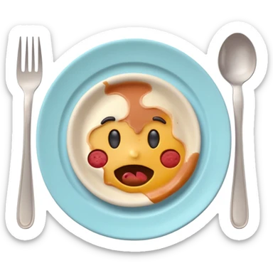 Cute 3D emoji of a dirty plate after eating, leftover food scraps, sauce stains on the plate, small fork and spoon resting on the plate, slightly messy but funny, soft pastel colors, rounded shape, clean background, kawaii style, expressive and playful, high quality, emoji style sticker